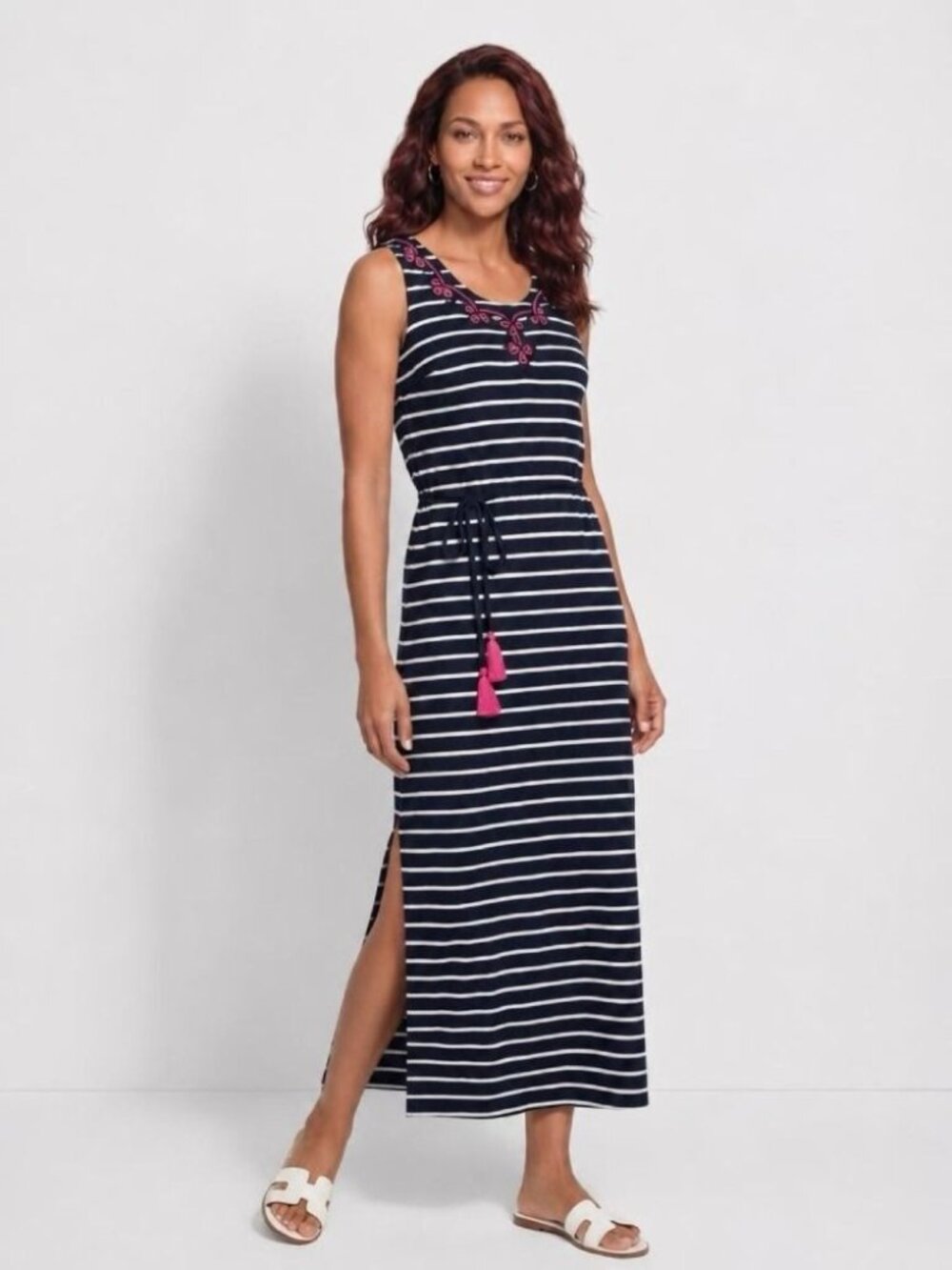Striped Maxi Dress Pink Embroidery Sleeveless Tie Waist And Side Slits Talbots - Picture 3 of 7